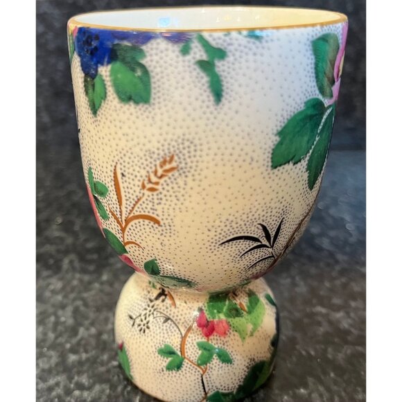 Double Egg Cup Heavy Floral Pattern Blue Pinks Greens Gold Rim Not Royal Winton - Picture 6 of 9